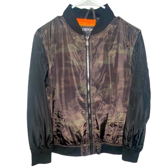DISTORTION Black & Green Camouflage Zip Up Bomber Jacket Size L - Picture 1 of 4
